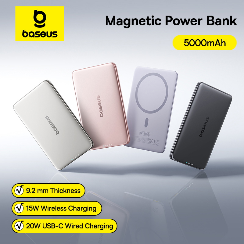 Power Banks - แบตสำรองแม่เหล็ก Baseus 5000mAh ชาร์จไร้สาย 15W ชาร์จแบบมีสาย